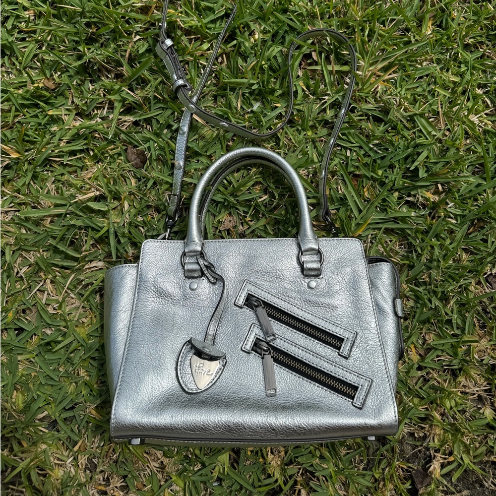 Rebecca Minkoff Leather Satchel Silver Handbag with Dual Zipper Design
